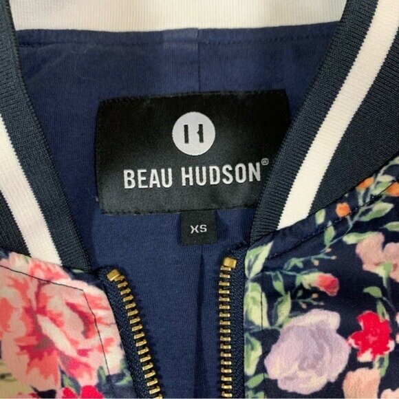 Beau Hudson Floral Bomber Jacket XS Navy Pink Rose Print Zip Up Ribbed Trim - Picture 3 of 4